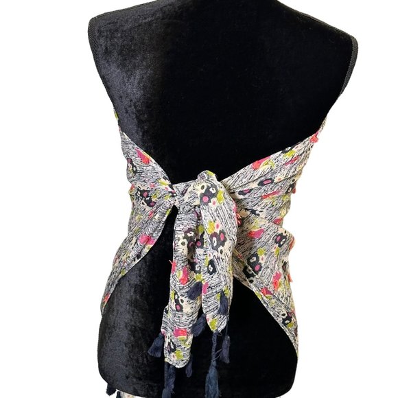 Unbranded Scarf Womens Square Black White Pink Floral Flower Tassel Semi Sheer - Picture 2 of 10